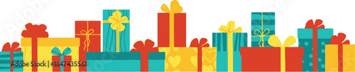 Colorful row of wrapped gift boxes and presents for celebration and holiday