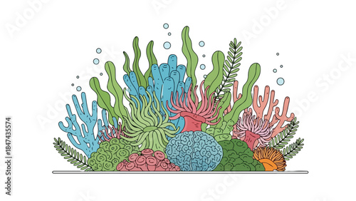 Vibrant underwater coral reef ecosystem teeming with diverse marine flora and small bubbles representing life