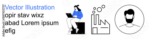 Technology, productivity, industrial growth, user profile, digital communication, graphic design. Woman with laptop, industrial chart and man icon. Productivity and industrial growth concept