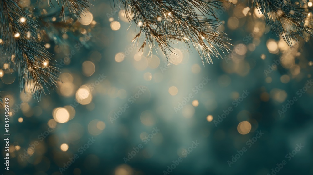 Fototapeta premium A serene close-up of pine branches with soft bokeh lights, creating a dreamy, atmospheric effect in a cool color palette.
