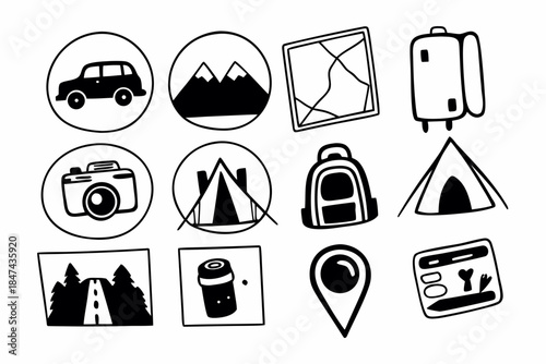 A set of travel icons for planning a road trip adventure