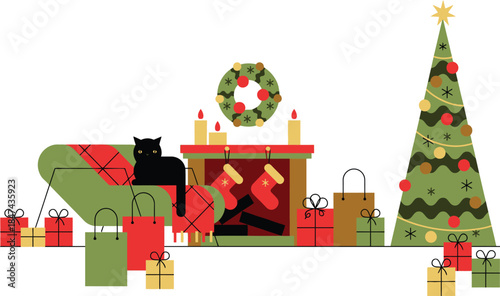 Cozy christmas scene with black cat by fireplace and decorated tree