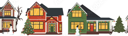 Illustration of colorful houses in a snowy neighborhood during winter holidays