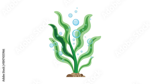 Vibrant green aquatic kelp swaying gently underwater with effervescent bubbles ascending towards the surface