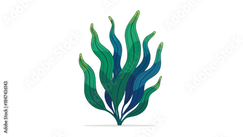 Vibrant Aquatic Plant Illustration with Flowing Green and Blue Fronds on a Clean White Background
