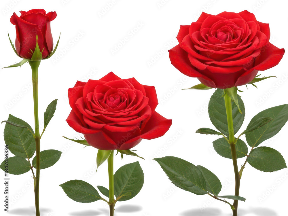 Fototapeta premium Three red roses at different stages of bloom isolated on transparent background