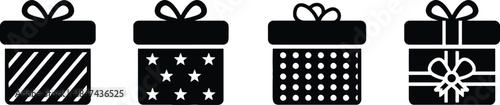 Set of four black gift box icons with different patterns isolated on white background