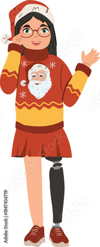 Young woman in christmas sweater with prosthetic leg saying happy holidays