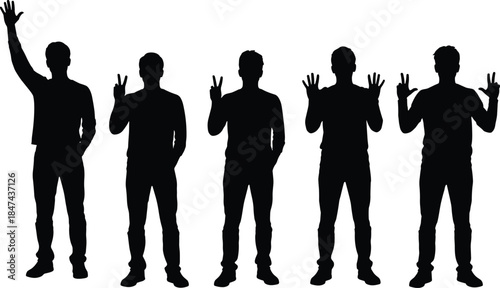 Silhouette people showing hand gestures with fingers raised, symbolic signs for counting, communication, numbers, peace, unity, and expression.