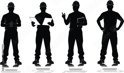 Silhouetted construction workers in safety gear performing site tasks with documents, clipboard, and gestures for industrial engineering and teamwork themes