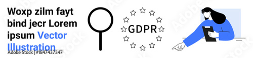 Data privacy, legal compliance, documentation, cybersecurity, personal data protection, data review. Magnifying glass, GDPR symbol woman checking files. Data privacy and legal compliance concept