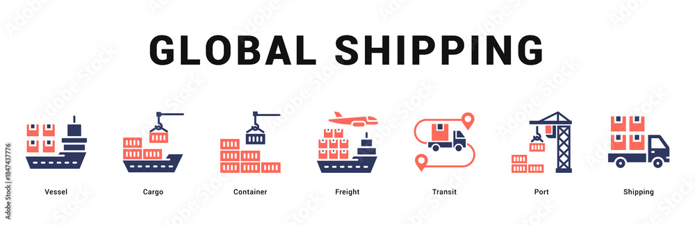 Obraz premium Global Shipping Modern and clean web banner illustration featuring thematic icons for visual communication