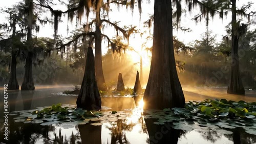 Sunrise over a tranquil cypress swamp with mist and reflections in the water.