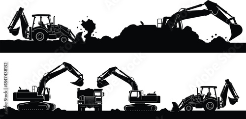 Construction vehicles, excavator, backhoe loader, dump truck, earth moving, silhouette, heavtransport, digging, loader, construction site, machinery, dir