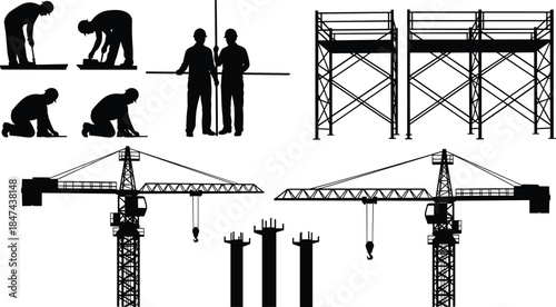 Construction worker silhouette set with scaffolding cranes tools, building industry, engineering, safety, labor teamwork illustration isolated white background vector design