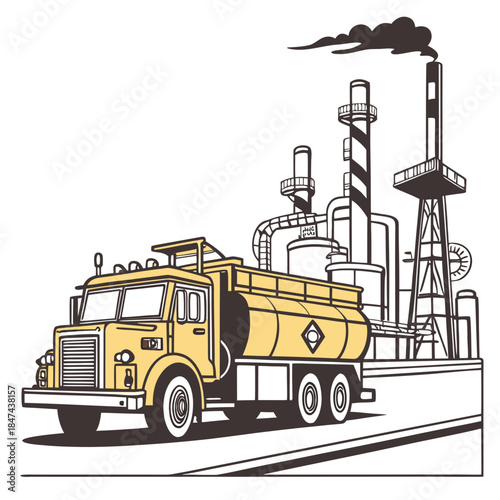 Yellow maintenance truck parked near industrial plant