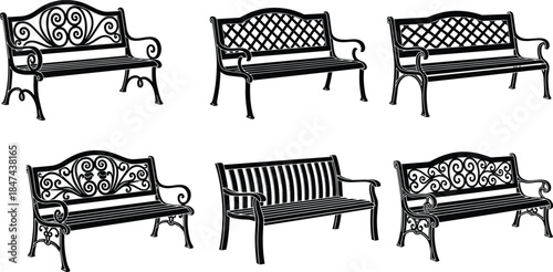 Decorative park benches, outdoor seating, wrought iron furniture, garden bench designs, ornamental backrest, public space furniture, vintage style, artistic metalwork