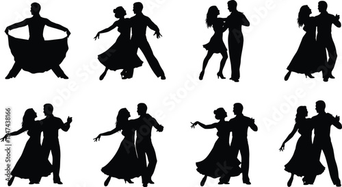 Dancing couple silhouettes, ballroom dance poses, Latin dance moves, elegant dancers, formal attire, graceful movement, partner dancing, black vector illustration