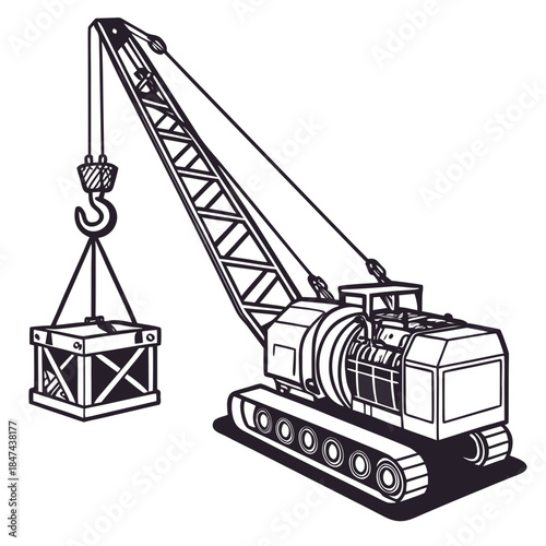 Black and white of industrial crane transporting heavy metal crate