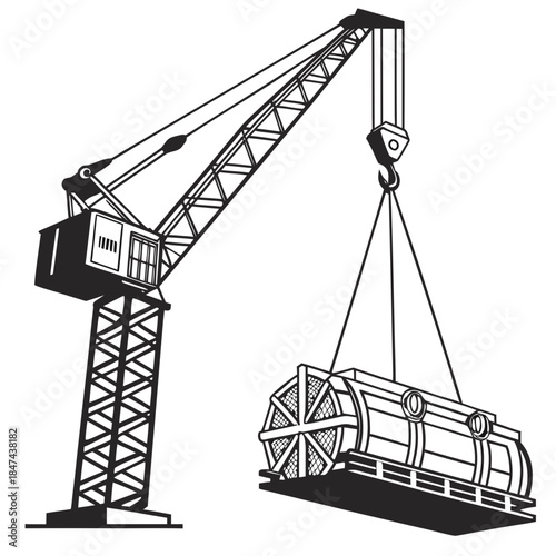 Industrial crane lifting heavy cylindrical generator part with hook and sling