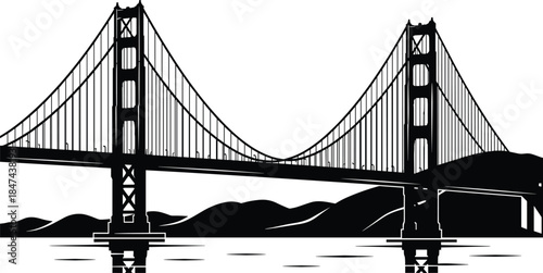 Golden Gate Bridge Silhouette Vector Illustration with Hills and Water Reflection, Iconic San Francisco Suspension Bridge, Famous California and World Architectural Landmark.