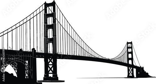 Golden Gate Bridge Silhouette Vector Illustration, Famous San Francisco Suspension Bridge Landmark, Architectural Icon of California and American Travel Destination.
