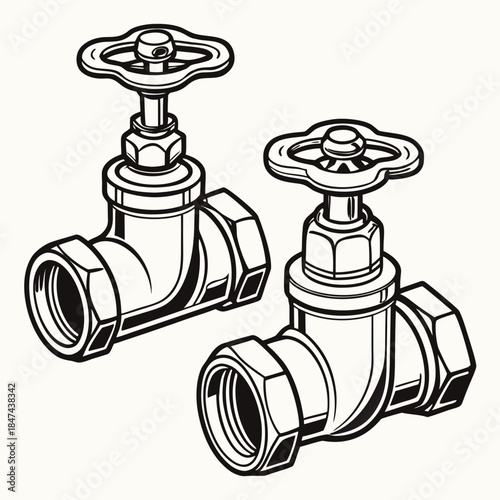 Black and white of two shiny chrome valves plumbing