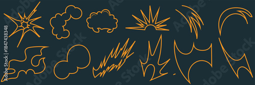 Comic Explosion Shapes Abstract Vector . Impact, energy, and motion design. Comic style explosion and burst shapes scattered on dark  background, suitable for pop art design. 