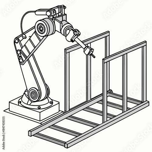Industrial robot assembling metal structure with white background