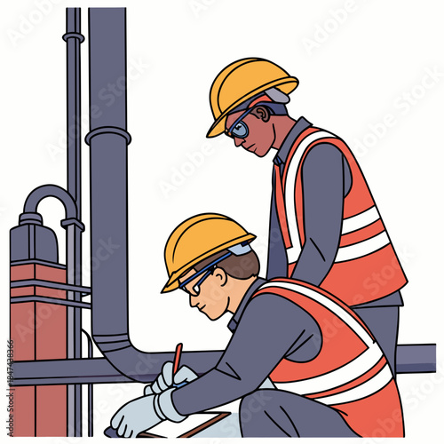 Maintenance team wearing safety gear in refinery industrial setting