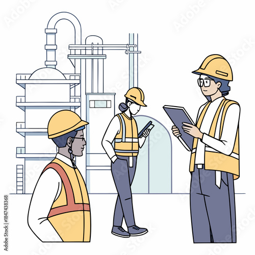 Maintenance team wearing safety gear in refinery setting