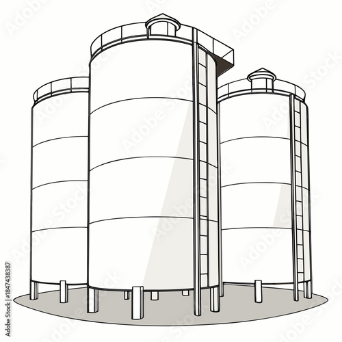 White storage tanks with metallic caps and ladders