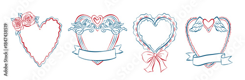 Valentines heart frame in hand-drawn style set, Whimsical drawing heart shape labels, Romantic element for invitations, greeting cards, scrapbooking, sticker, decorative etc.