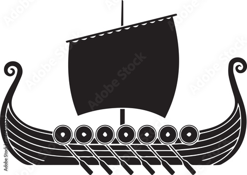 Black silhouette of a viking longship with sails and oars