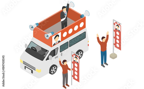 アイソメトリックイラスト：選挙カーの上で演説する候補者