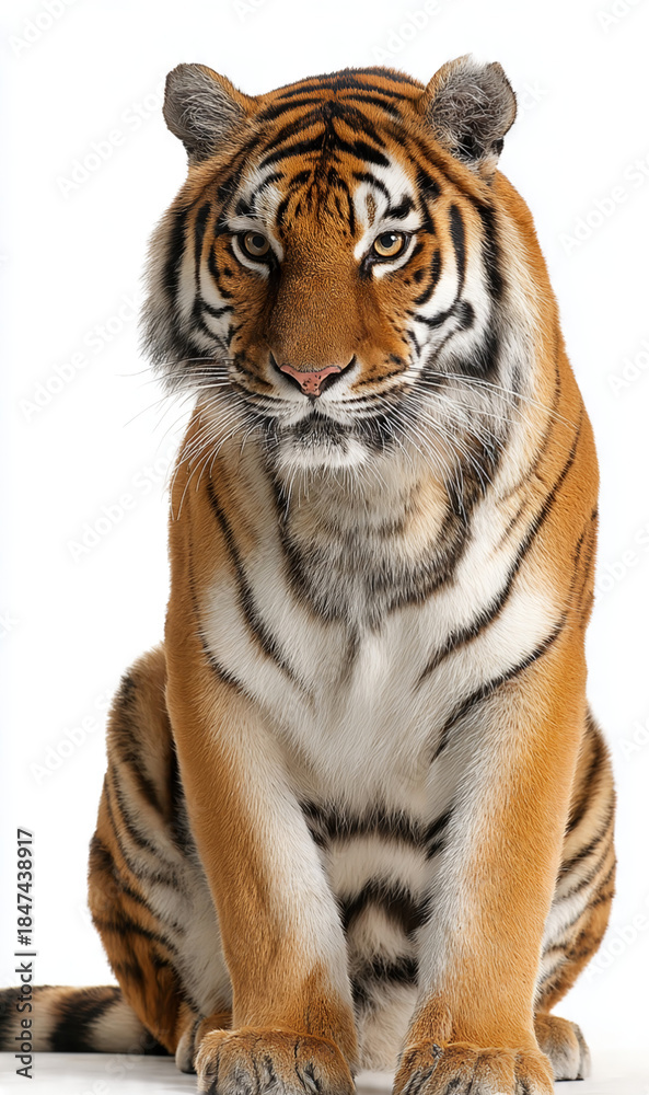 Fototapeta premium Tiger Sitting Calmly Isolated on White Background