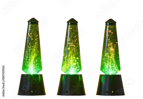 Three Lime green lava lamp isolated on yellow background high quality photo