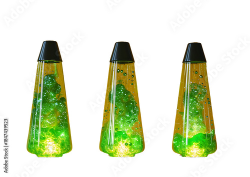 Three Lime green lava lamp isolated on yellow background high quality photo