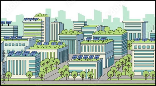 Outline Style Modern Cityscape with Green Roofs and Solar Panel Illustration