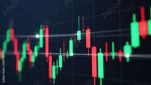 Financial Chart: A dynamic financial chart depicts fluctuating market trends, using red and green candlesticks to represent gains and losses.