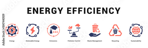 Energy Efficiency Modern and clean web banner illustration featuring thematic icons for visual communication