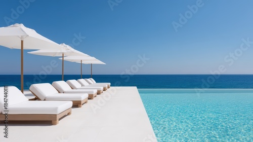 A tranquil poolside scene featuring white loungers and umbrellas overlooking a serene ocean under a clear blue sky.