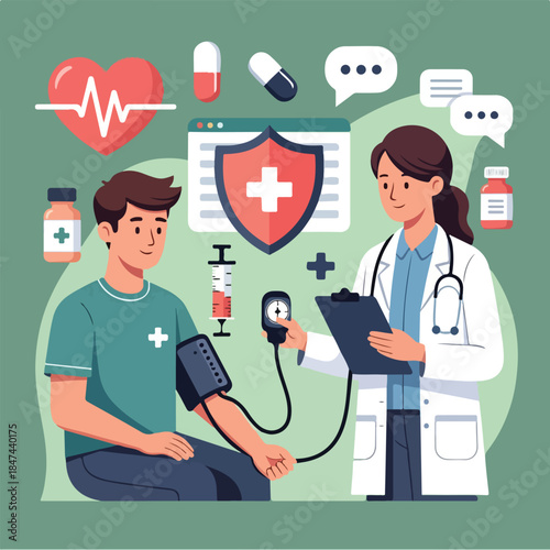 Flat vector illustration of a doctor measuring a male patient blood pressure in a medical checkup. Healthcare, medical consultation, prevention, and health monitoring concept