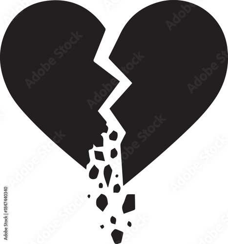 Black broken heart symbol with pieces falling apart