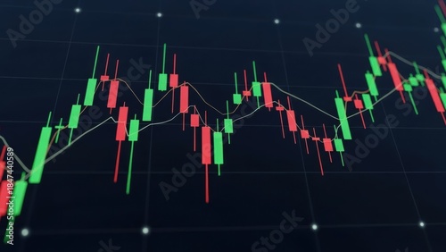 Financial Charts: A detailed, close-up shot of financial charts illustrates market fluctuations, depicting the dynamic flow of trends.