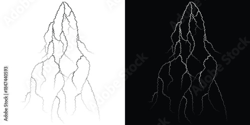 Stylized mountain peak with lightning cracks a powerful natural phenomenon illustration for weather or energy concepts isolated on white and black backgrounds EPS vector