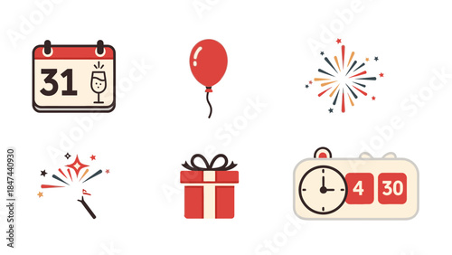 Icon set featuring Happy New Years elements including calendar, balloon, fireworks, party popper, gift, and countdown clock on a white background with a celebratory mood.