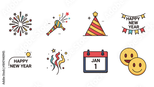 A vibrant icon set featuring Happy New Year graphics, including fireworks, party hat, and calendar on January 1st, with celebratory elements like confetti, emojis, and banners on a clean
