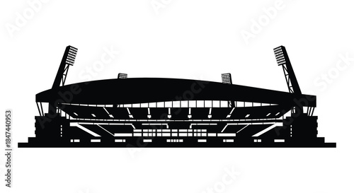 A striking black and white depiction of a large sports stadium showcasing its architectural design silhouette