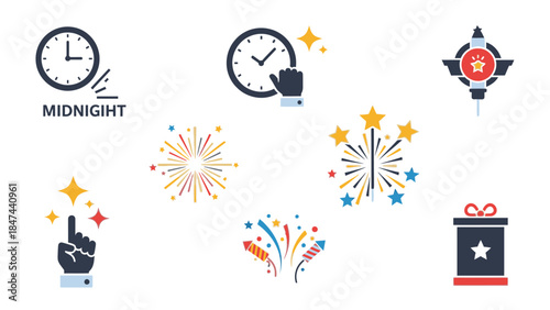 A collection of colorful icons depicting a Happy New Year's celebration, including fireworks, a clock striking midnight, and a gift box, against a clean white background with a festive mood.